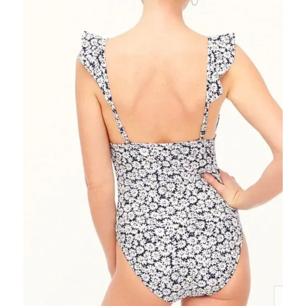 J.Crew Floral Siren Ruffle-shoulder V-neck one-piece swimsuit - Large